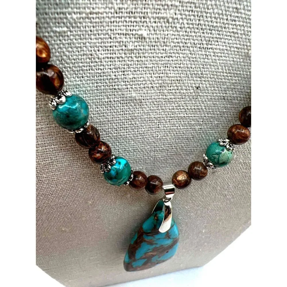 NEW Handmade Brown And Bluegreen Beaded Faux Turquoise Necklace - Picture 8 of 12